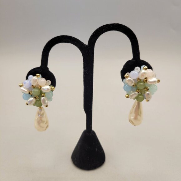 Jewelry - Vintage Clip-On Earrings Dangling Freshwater Pearls and Bead Clusters
